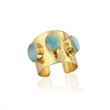 Natural Larimar Ring 18k Gold Plated Brass Three Stone Adjustable Cuff Jewelry