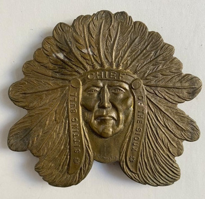 Chief Sitting Bull Sioux Buffalo Bill Native American Brass Belt Buckle Vintage