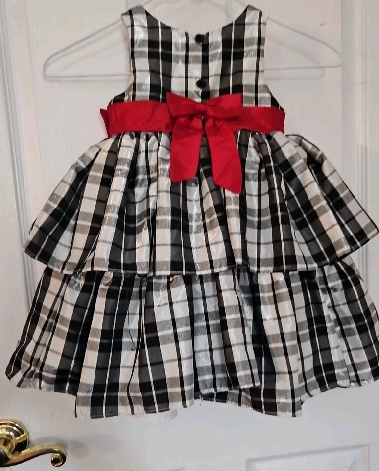 Vestido/cintura imperio blanco y negro con volantes talla 2T para niñas, totalmente forrado, faja y arco Foto 3 de 3