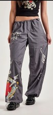 NWT ED HARDY WOMEN NYLON STREETWEAR GREY Skull DRAWSTRING L PANTS Y2K Love Killz
