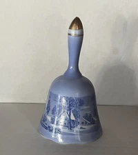 Vintage Currier and Ives Blue Porcelain Bell "The Old Homestead in Winter" 1977