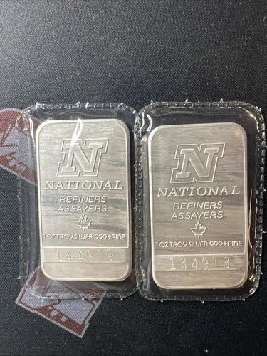 (2) Bar Lot Vintage 1 Troy Oz .999 Fine Silver National Refiners Sealed Ounce