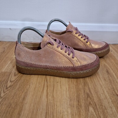 Clarks Pink Metallic Schnür-Flats UK 5 Glitzer Wildleder Kreppsohle Plateau 