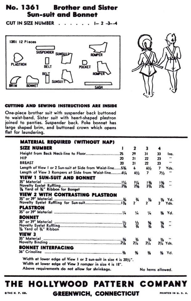 Hollywood 1361 PATTERN GIRLS Sunsuit Playsuit Hat Bonnet Un-Printed - Image 4 of 4