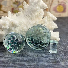 Iridescent Mermaid Glass Double Flare Plugs (PG-578) gauges PICK YOUR SIZE
