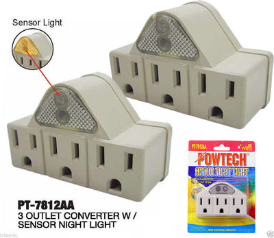 2X 3 Outlet Grounded AC Power Sensor Night Light Wall Tap Adapter UL Listed L84