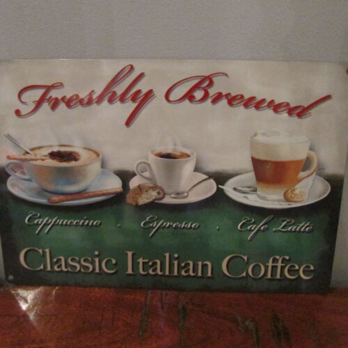 FRESHLY BREWED ITALIAN COFFEE SMALL,MED,LARGE,KITCHEN STEEL WALL PLAQUE TIN SIGN - Afbeelding 1 van 4