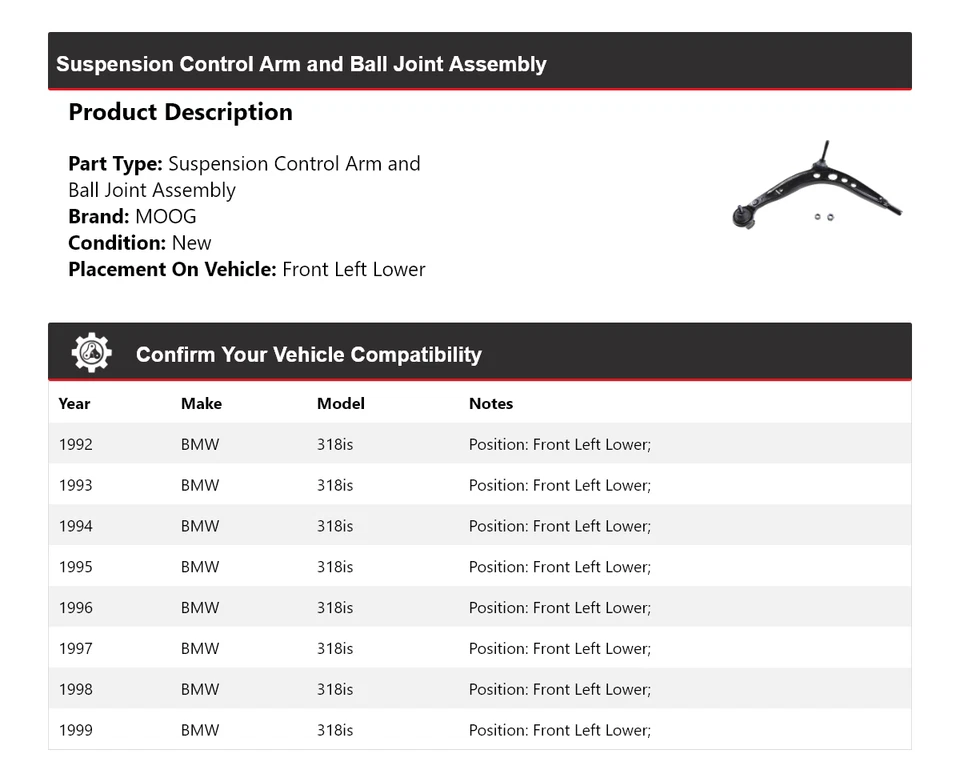 Комплект шаровых шарниров рычага управления для BMW 318is 1992-1999 годов выпуска передний левый нижний MOOG - Изображение 2 из 4