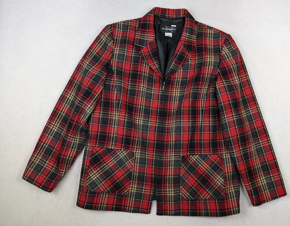 REQUISITOS DE COLECCIÓN Chaqueta Blazer Mujer Talla 16 Rojo Gris Mezcla de Lana a Cuadros Cremallera Completa Foto 3 de 4