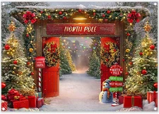 7x5ft Fabric Christmas Backdrop Winter Forest Wooden Barn Door North Pole Snowy