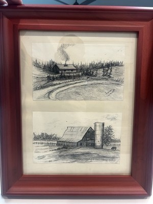 Two 5/8 Farm Pencil Sketches original By Jeanne Clement/Framed Ready To Hang(OBO