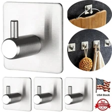 4x Adhesive Towel Hooks Heavy Duty Wall Hooks Waterproof Stainless Steel Hook US