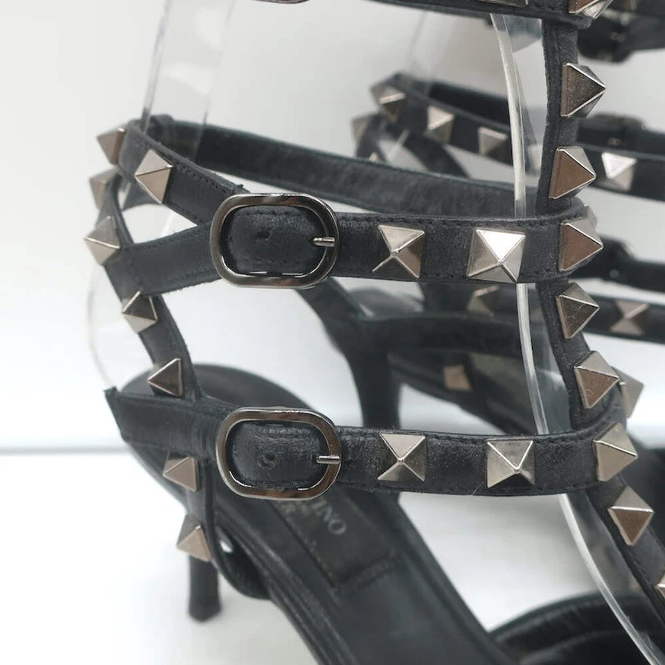 Valentino Noir Rockstud Kitten Heel Caged Pumps Black Leather Size 35.5 - Image 2 of 4