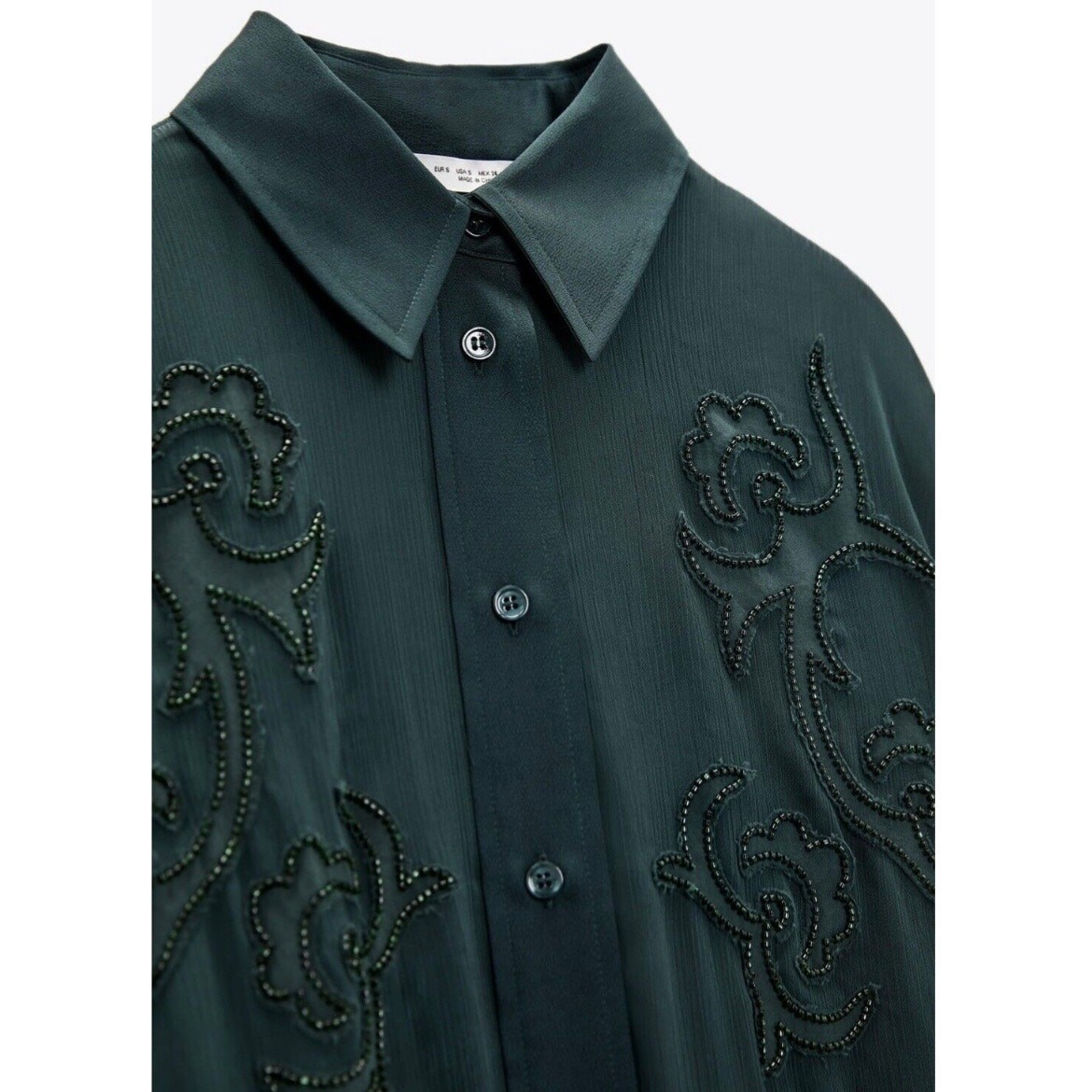 Zara Womens Semi Sheer Beaded Embroidered Blouse Size S Dark Green Button Up image 5