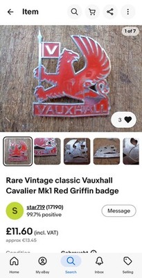 VAUXHALL CAVALIER MK1 -  RED GRIFFIN EMBLEM  - ORIGINAL - VINTAGE -