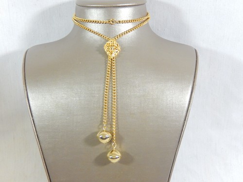 VINTAGE FIXED LARIAT GOLD TONE WITH LARGER BALL ENDS 26"  NECKLACE