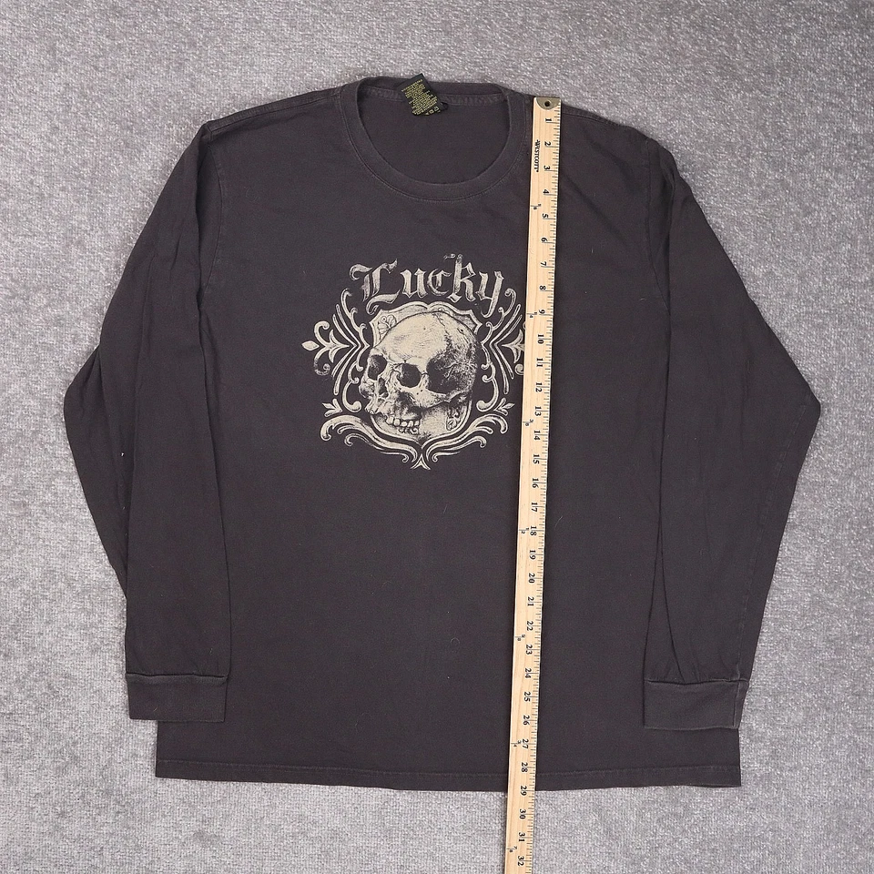 Vintage Lucky Brand Skull Grunge XL Black Long Sleeve T-Shirt - Image 3 of 4