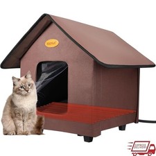 Heated Outdoor Cat House Waterproof Shelter W/ Safe Heating Pad Winter Brown