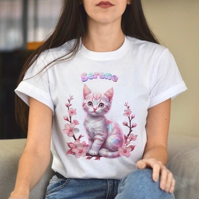 Serene Sparkle Kitten Kawaii Pastel Pink Cat With Cherry Blossoms T-Shirt
