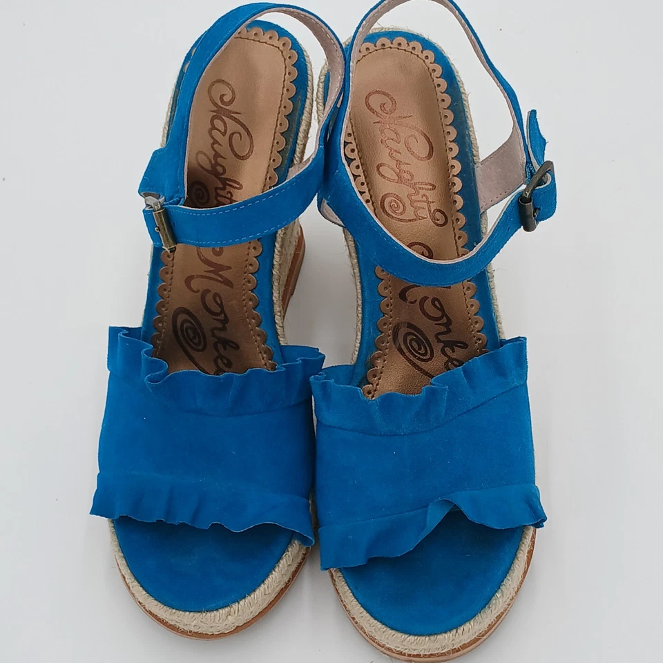 Naughty Monkey Love Leather Wedge Sandal Teal Suede Ruffle Jute Platform Sz 9.5 - Image 4 of 4