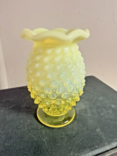 Vintage Uranium Glass Hobnail Vase Vaseline UV Glow Fenton Style Ruffled Rim