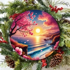 Sunset Peach Blossoms Ocean View Round Metal Wall Art Coastal