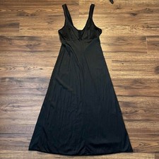 Vintage Black Nylon Slip Midi Dress Minimal 90s Lingerie Style Small Coquette