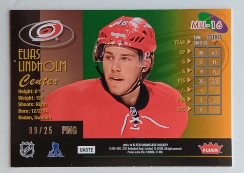 2013-14 Fleer Showcase PMG Blue Rookie Elias Lindholm /25 Hurricanes Bruins RC - Picture 2 of 2