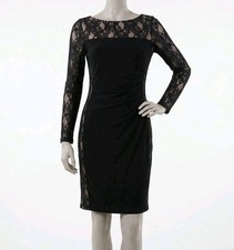 Chaps Dress Lady XS Black LACE Accents Stretch Side Ruched Pullover Bodycon NWT