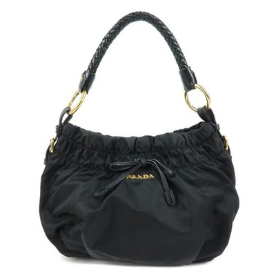 PRADA Ribbon Nylon Leather Shoulder Bag Hand Bag Black BR4237 Authentic Used F/S
