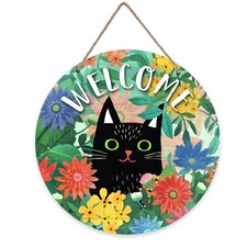 Welcome Spring Black Cat Sign for Front Door Decor, Daisy Flowers Floral Wood Do