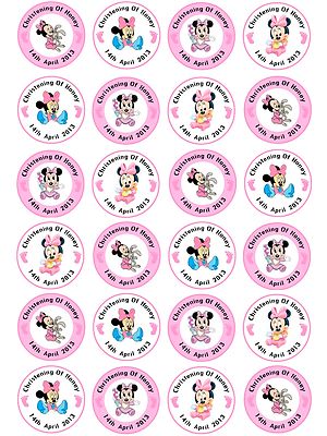 24 x Personalisierte Cup Cake Topper Taufe Babyparty Mädchen Minnie