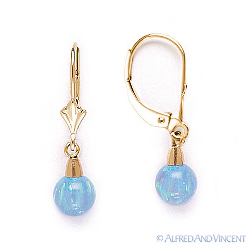 Azure Blue Lab-erstellte Opalkugel 14k Gelbgold Hebel Tropfen hängende Ohrringe - Bild 3 von 7