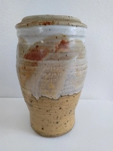 Studio Pottery Hand Thrown Drip Glaze Speckeled Stoneware Vase Artist Stamped 7"