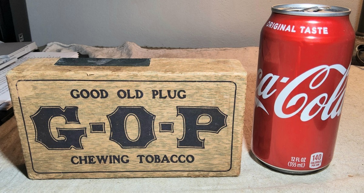 old plug tobacco brands RARE 1907 GOOD OLD PLUG (G-O-P) CHEWING TOBACCO P.J. SORG AMERICAN T. PAPER  BOX