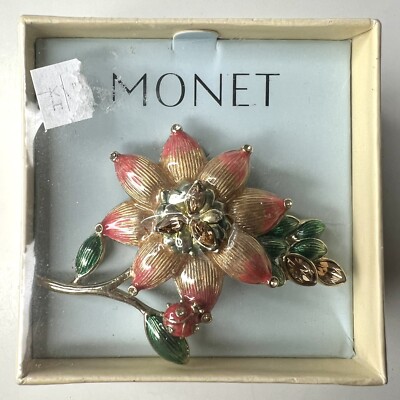 MONET Enamel Orange Flower On Branch Ladybug Rhinestone Brooch Pin SEALED Box