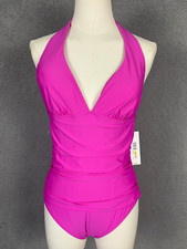 DKNY Women's Tie-Back Halter-Style One-Piece Swimsuit Carnation Pink Medium NWTs