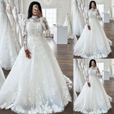 High Neck Wedding Dresses with Long Sleeves Lace Appliques Vintage Bridal Gowns