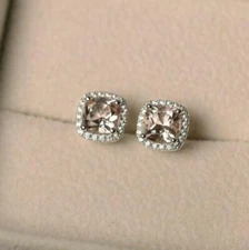 2Ct Cushion Cut Lab-Created Morganite Halo Stud Earrings 14K White Gold Finish