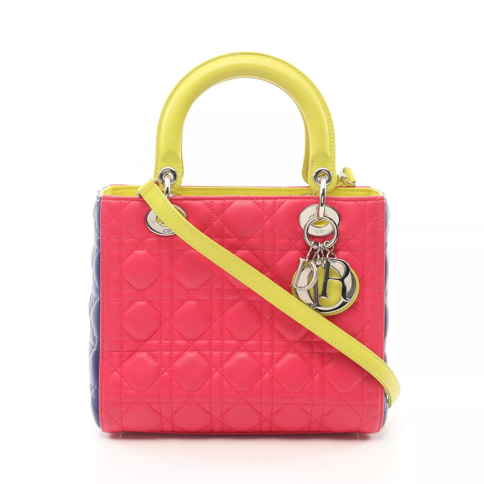 Christian Dior LADY DIOR Cannage Sac à Main Bandoulière Cuir Magenta Bleu Marine Jaune