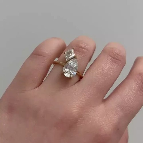 2ct Pear & kite Real Moissanite Toi Et Moi Wedding Ring 14K Yellow gold Plated - Picture 2 of 2
