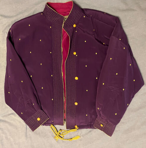 Vintage (90s) Linda Allard Ellen Tracy 100% Silk Purple Gold Bomber Jacket - Afbeelding 1 van 8