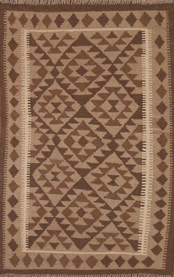 Geometric Reversible Kilim Brown Rug 3x5 Wool Hand-Woven Kelim Carpet