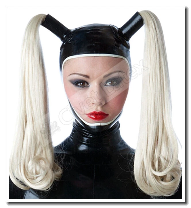 Latex Hoods Masks with 2 Blonde Wigs Open Face Style Customzied Big Eyes Style