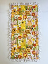 Vtg Colorful Baby Crib Blanket Flowers Cats Animals Girls Eyelet Ruffle 24x46  