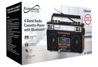 Supersonic 4 Band Cassette Player + Cassette To Mp3 Converter w/ BT Radio