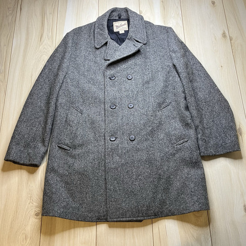 Woolrich Wool Blend Herringbone Peacoat Mens Size Medium Gray Double Top Coat