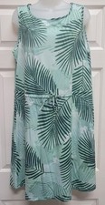  Tropical Print Sleevleless Green Summer Dress W/Drawstring Size L