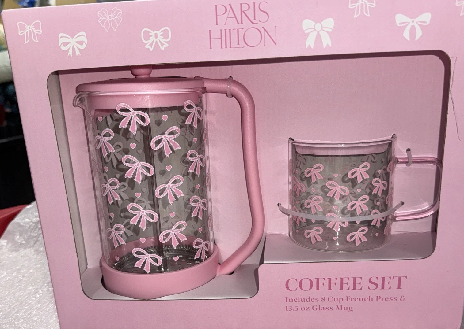 Paris Hilton Pink Bow Design French Press Coffee Maker & Mug. GIFT SET New!
Opens in a new window or