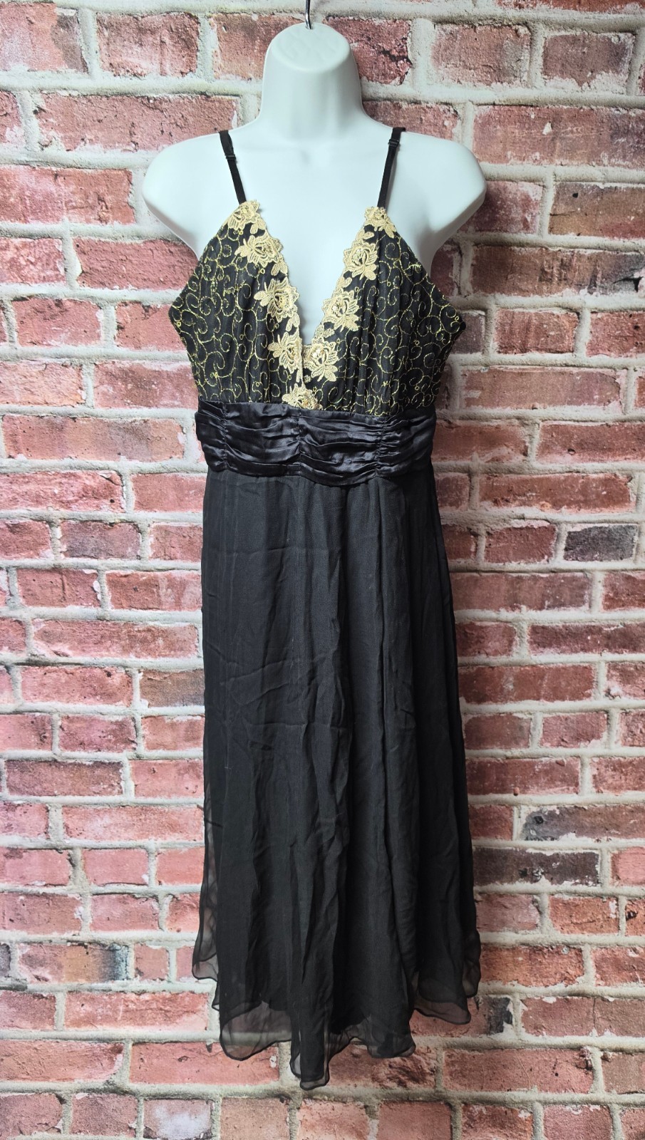 Women's JONATHAN MARTIN Black Gold Lace Bodice Chiffon Formal Dress Size 12